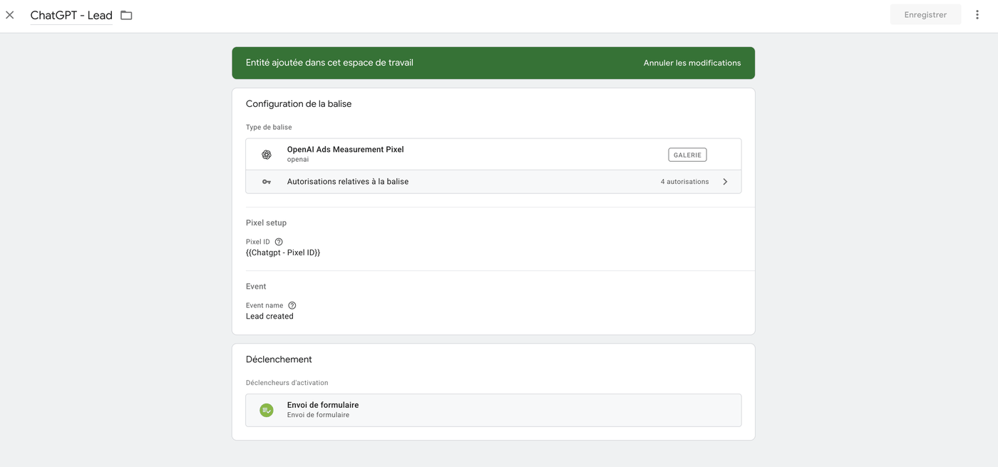 Balise GTM ChatGPT Lead configurée avec le Pixel ID et le déclencheur d'envoi de formulaire
