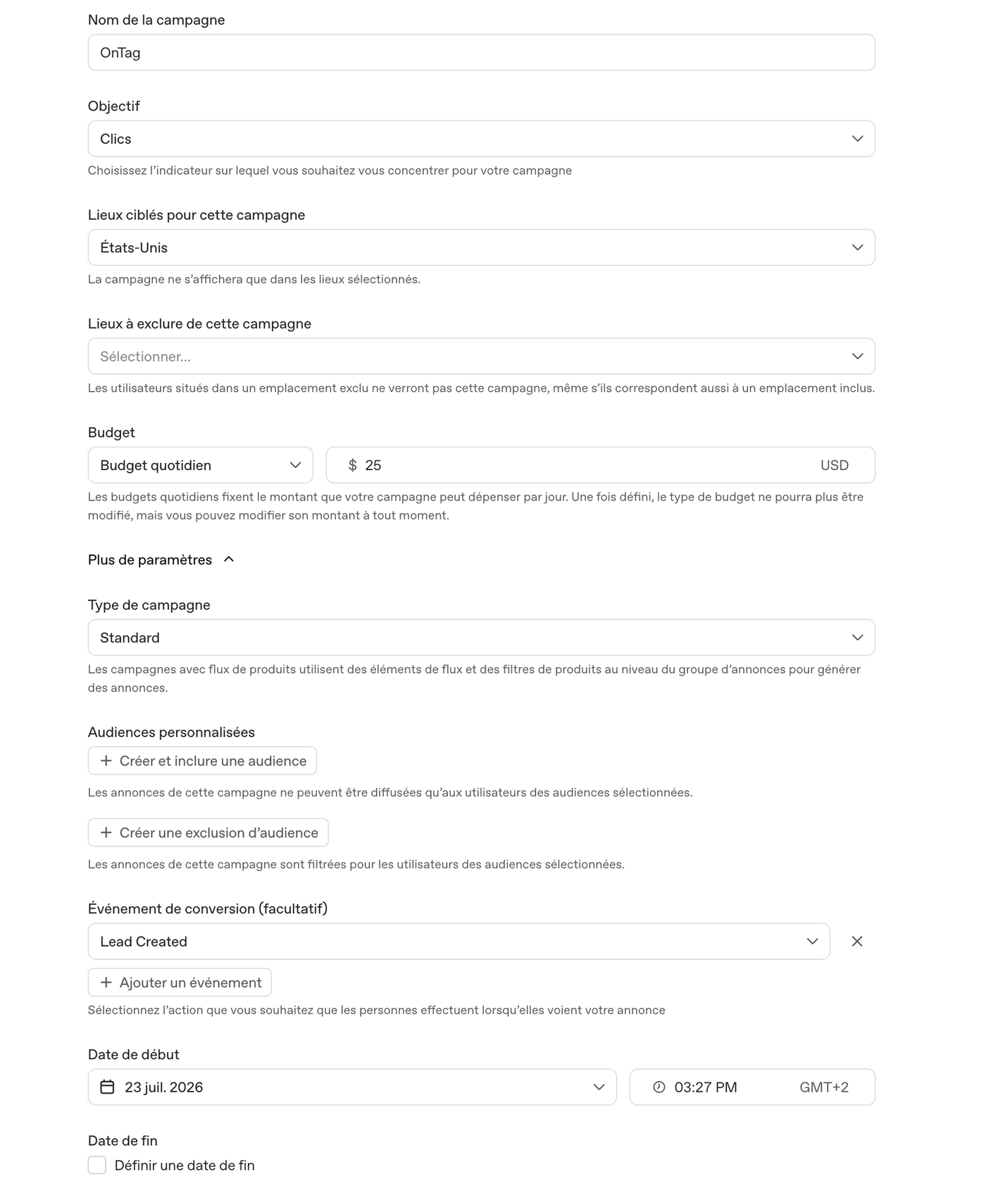 Paramètres de la campagne avec l'événement de conversion Lead Created rattaché
