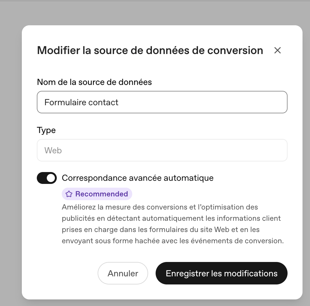 Configuration de la source de données de conversion pour le formulaire de contact